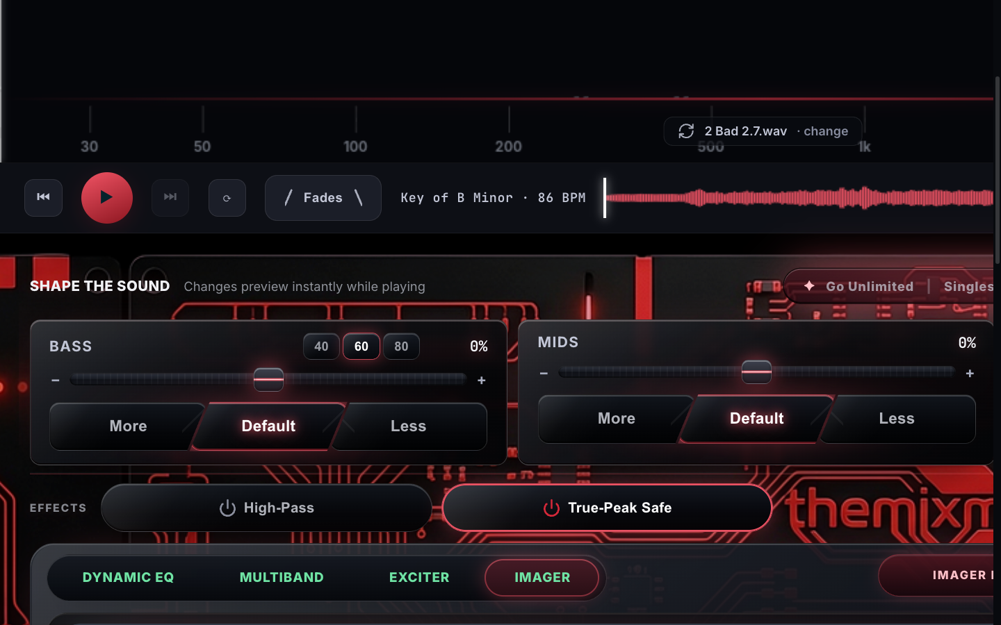 Shape controls: Bass, Mid, High, Warm