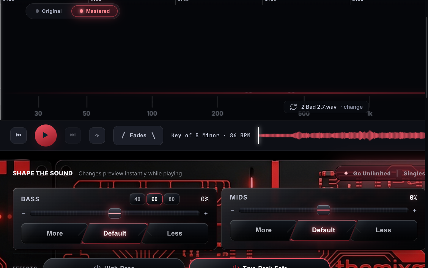 Transport bar with Original and Mastered buttons
